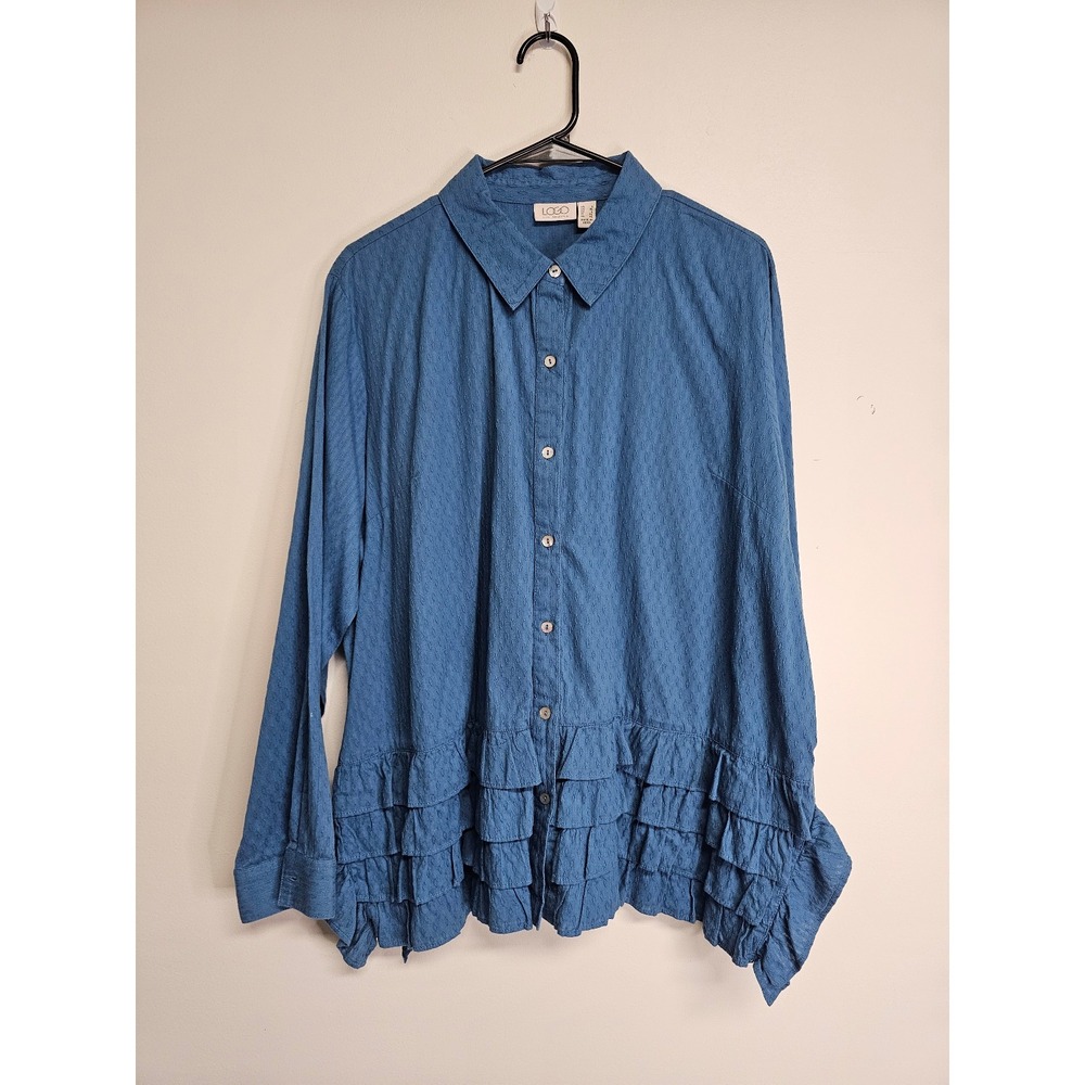 LOGO by Lori Goldstein Women's Blue‎ Ruffled Button Down Textured Blouse SZ L